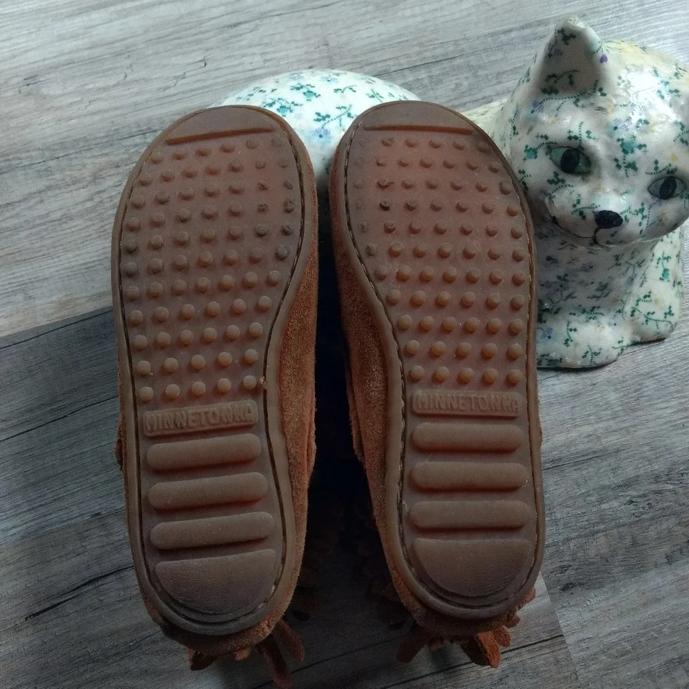 Kids Minnetonka Moccasin Size 12 Brown Suede Bootie Fringe Pull On Zip Up